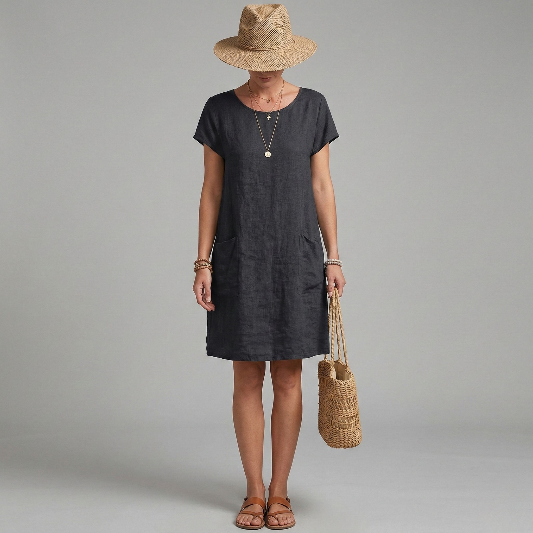 Women's Linen Mini Dress - Short Sleeve & Pockets