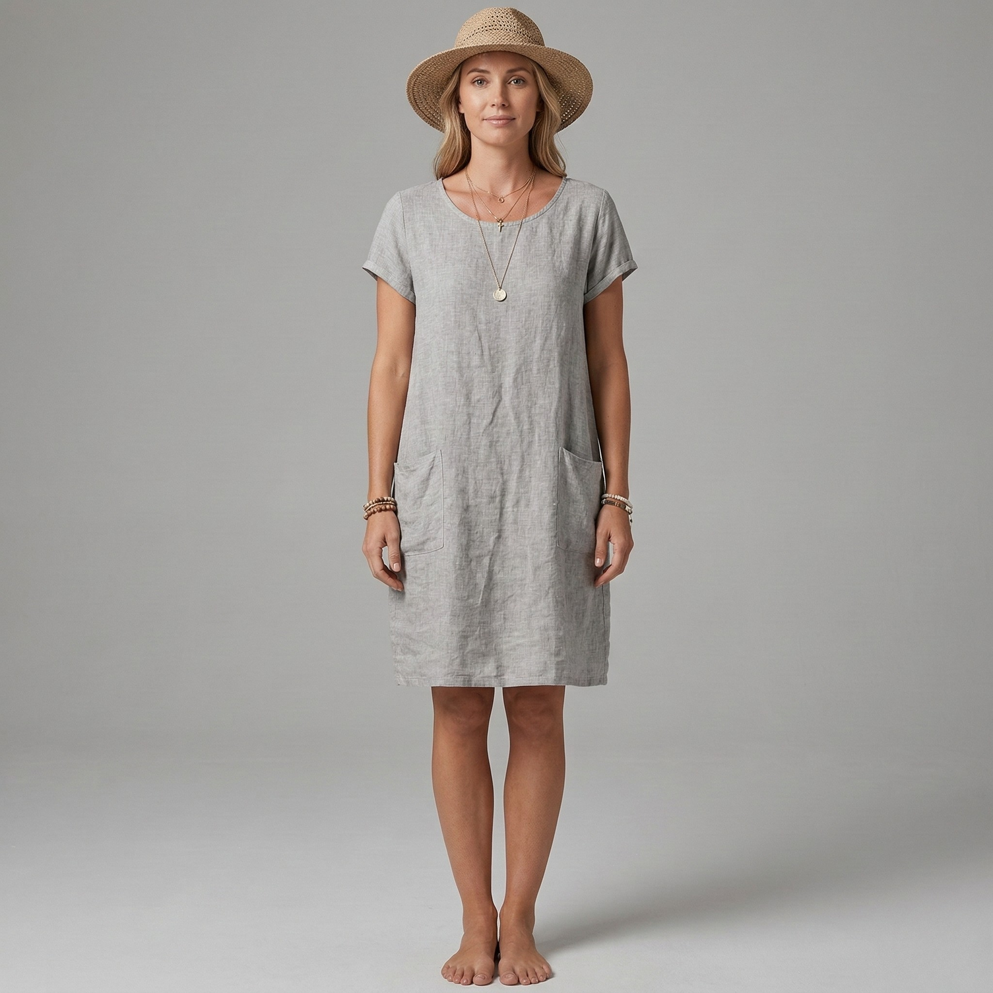 Women's Linen Mini Dress - Short Sleeve & Pockets