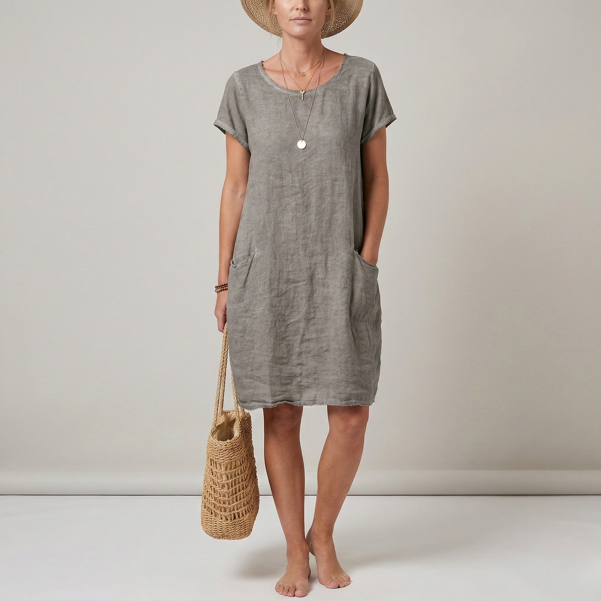 Women's Linen Mini Dress - Short Sleeve & Pockets