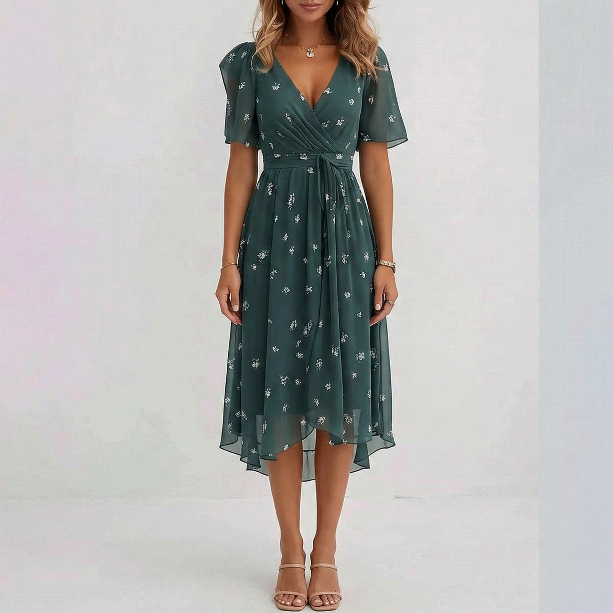 Damen Blumen Midi Hochzeitsgastkleid V-Ausschnitt und Flatterärmeln