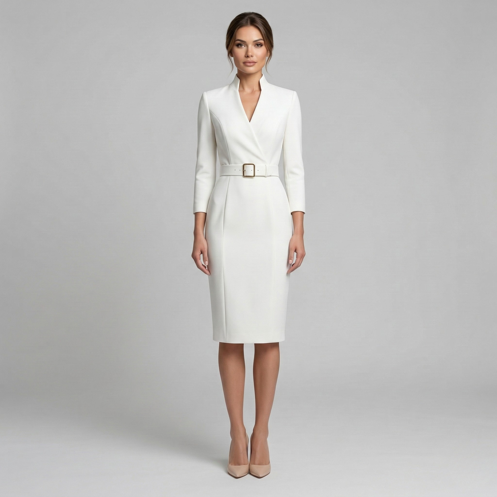 Damen 3/4 Arm Midikleid Stehkragen und Tailliertem Etuischnitt