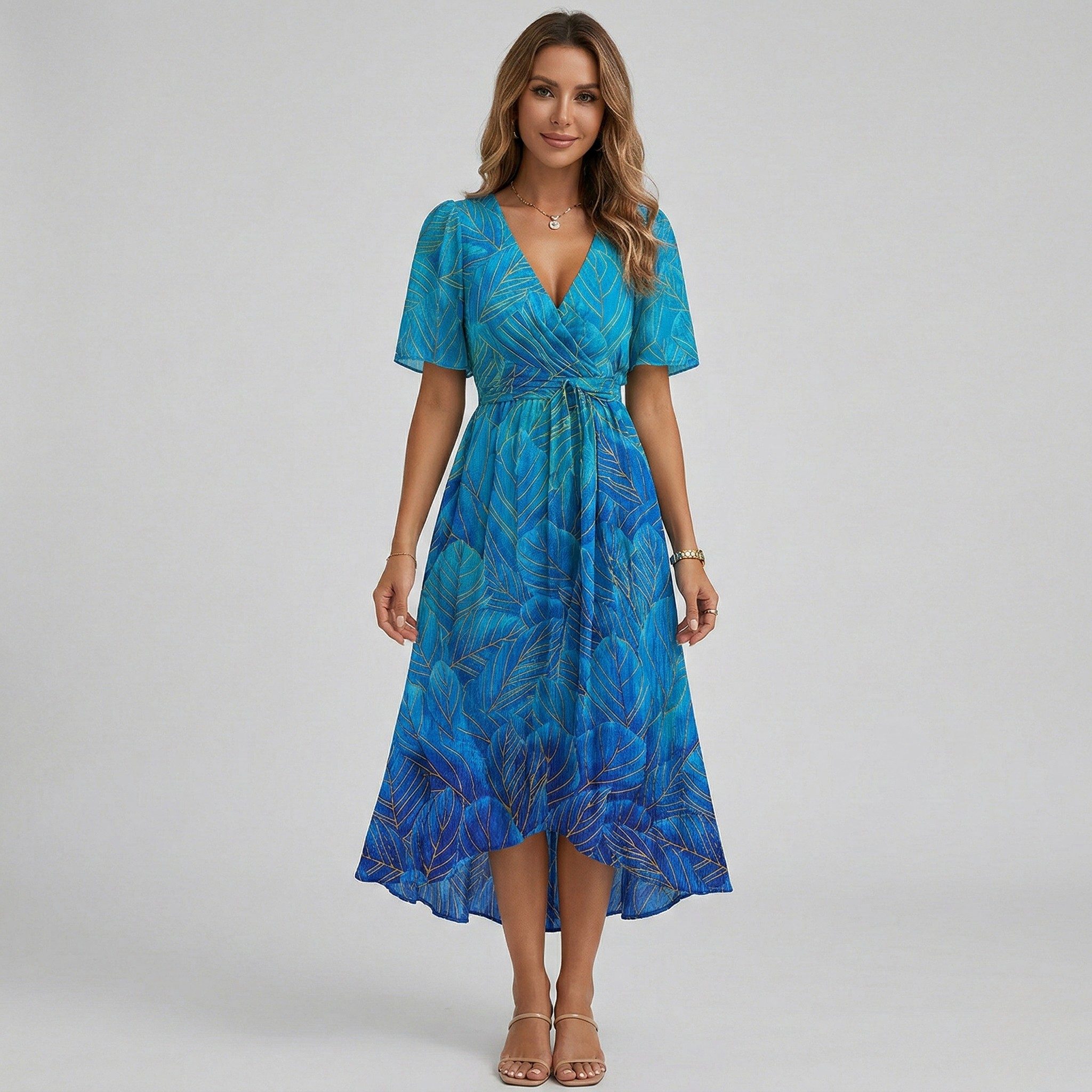 Damen Blumen Midi Hochzeitsgastkleid V-Ausschnitt und Flatterärmeln