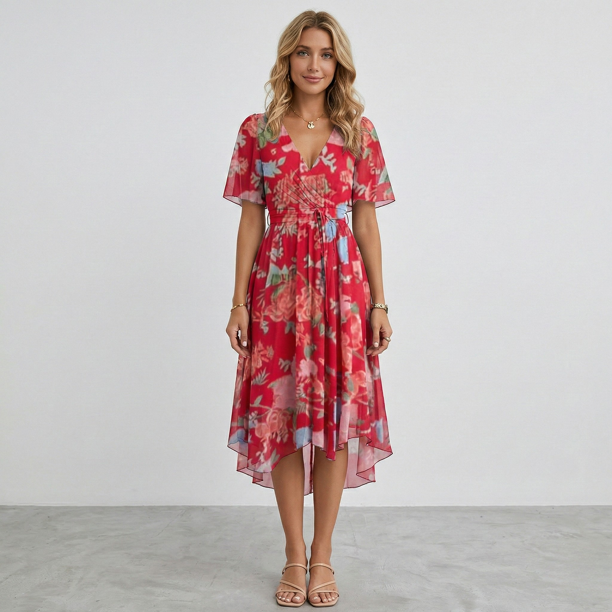 Damen Blumen Midi Hochzeitsgastkleid V-Ausschnitt und Flatterärmeln