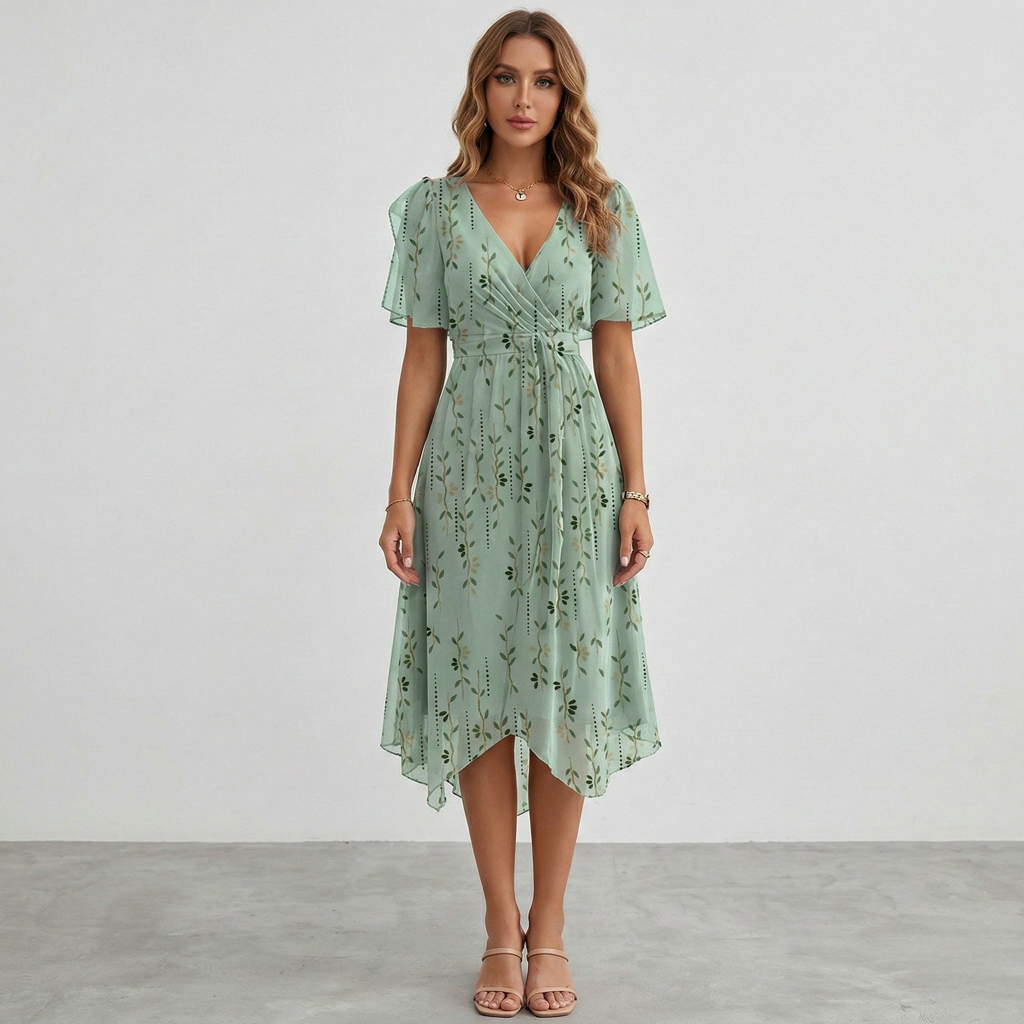 Damen Blumen Midi Hochzeitsgastkleid V-Ausschnitt und Flatterärmeln