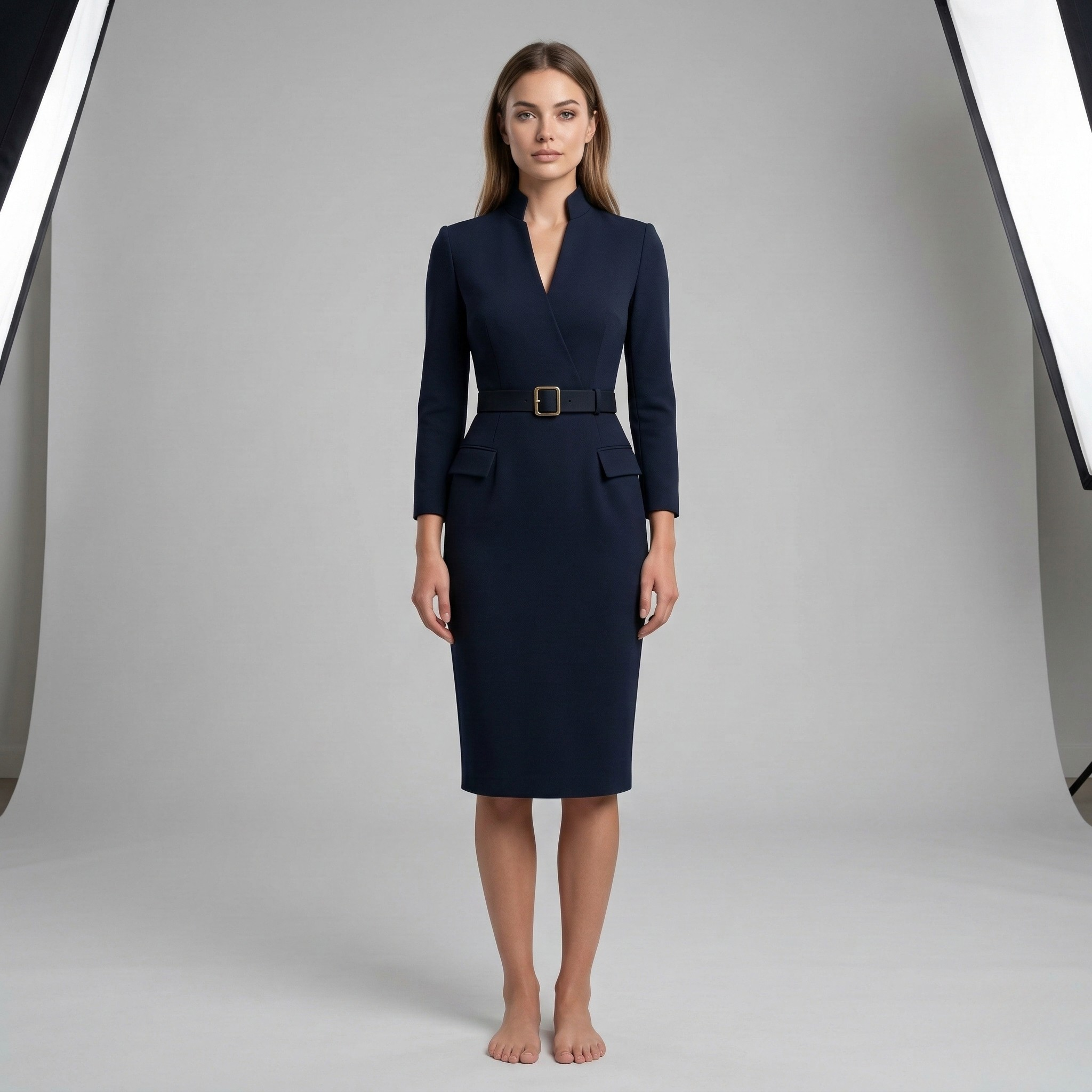 Damen 3/4 Arm Midikleid Stehkragen und Tailliertem Etuischnitt