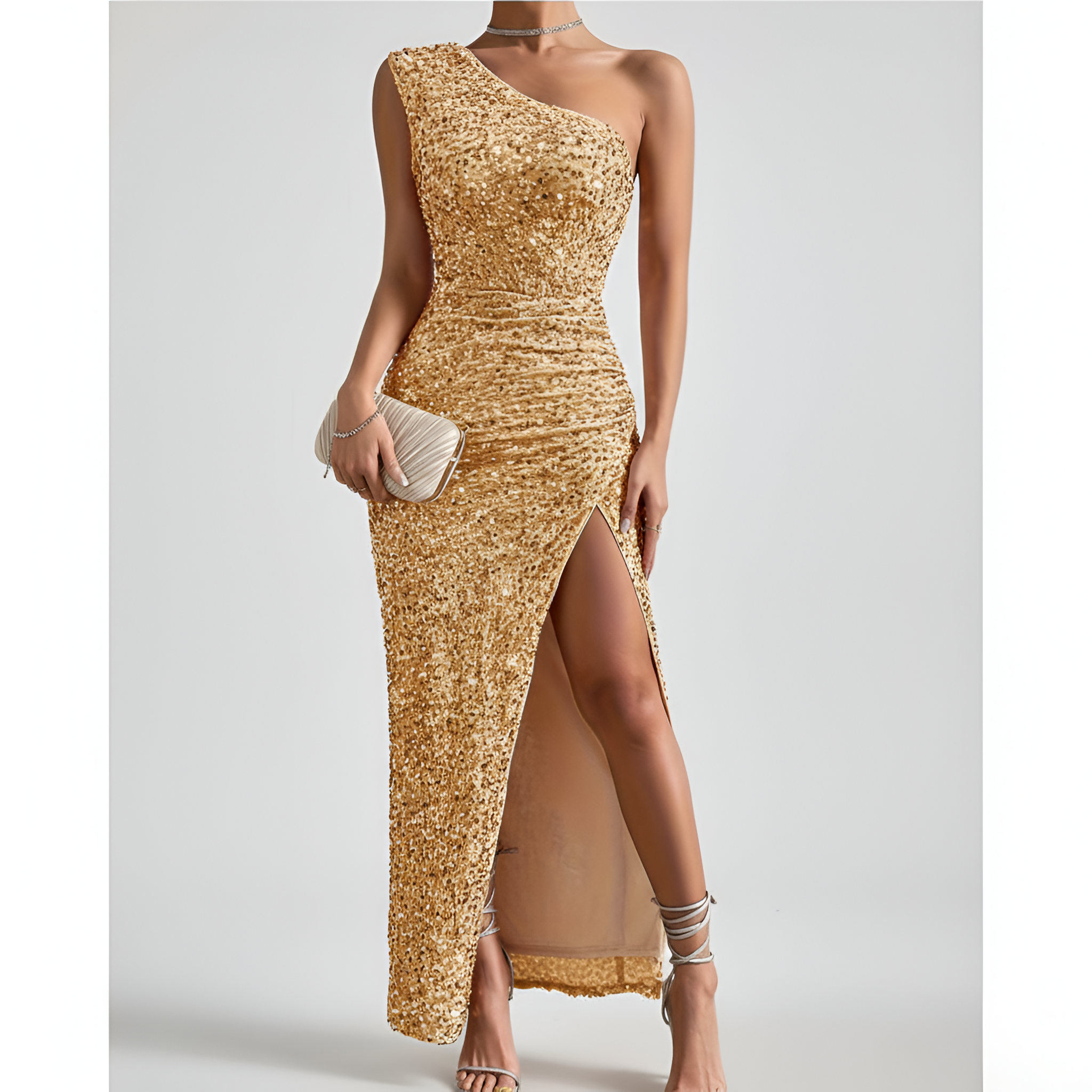 Women's One-Shoulder Maxi Dress - Sequin Style with High Slit