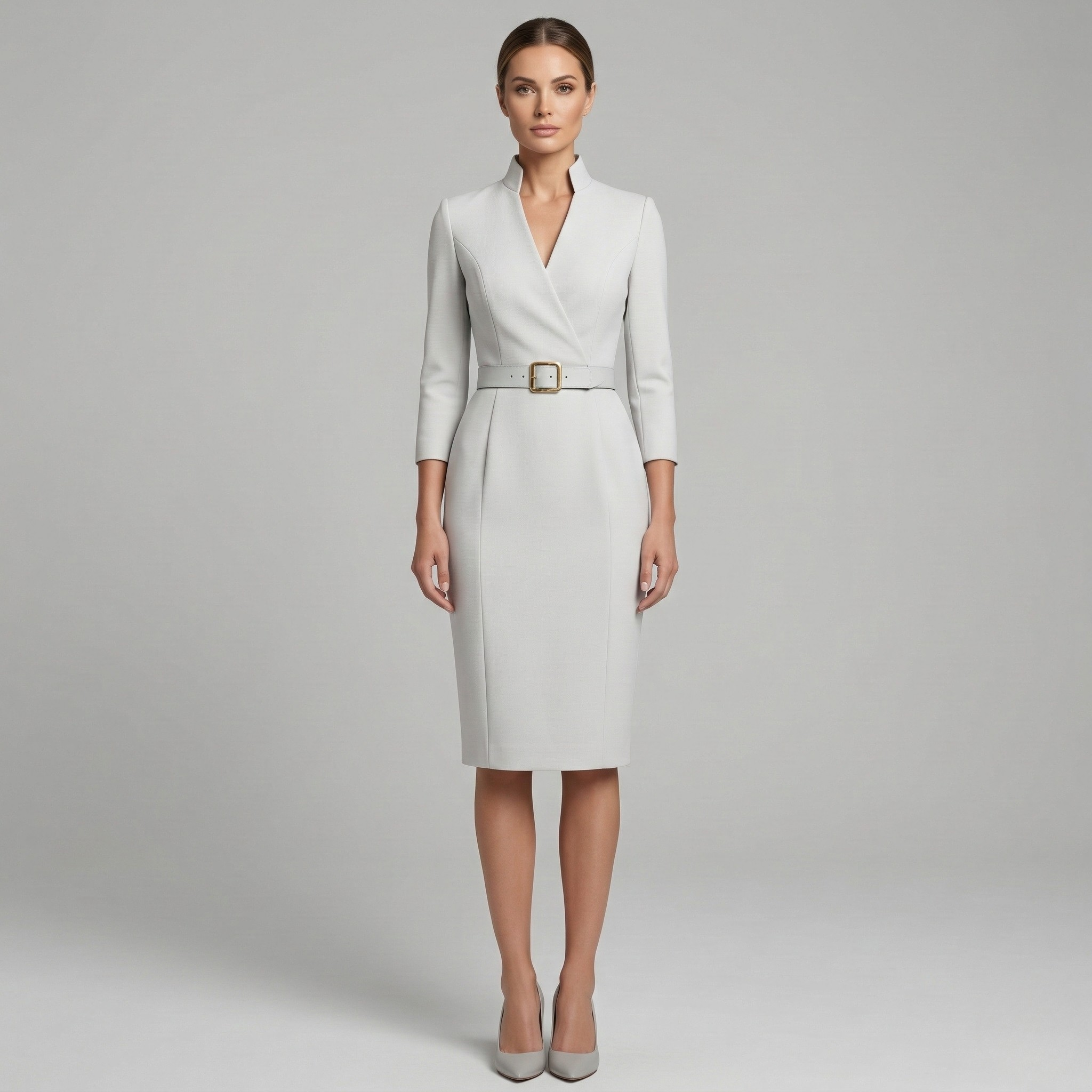 Damen 3/4 Arm Midikleid Stehkragen und Tailliertem Etuischnitt