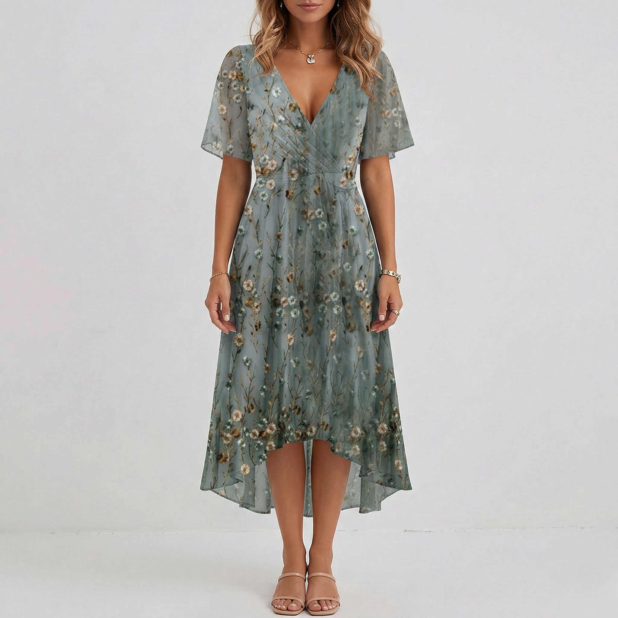 Damen Blumen Midi Hochzeitsgastkleid V-Ausschnitt und Flatterärmeln