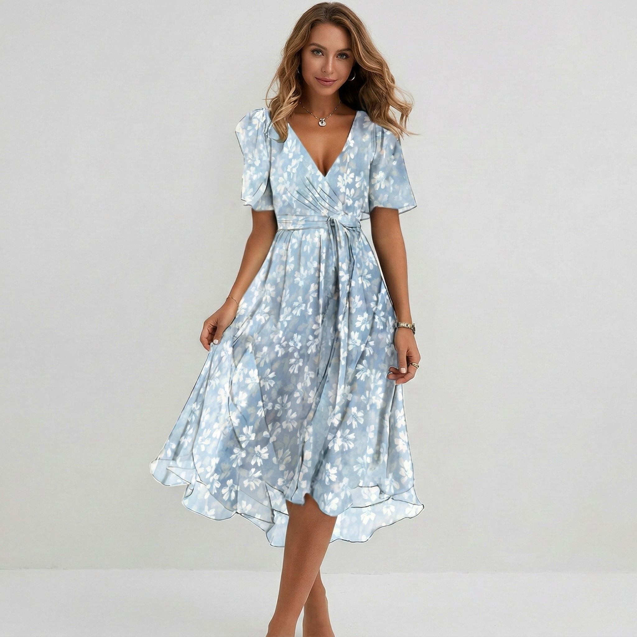 Damen Blumen Midi Hochzeitsgastkleid V-Ausschnitt und Flatterärmeln