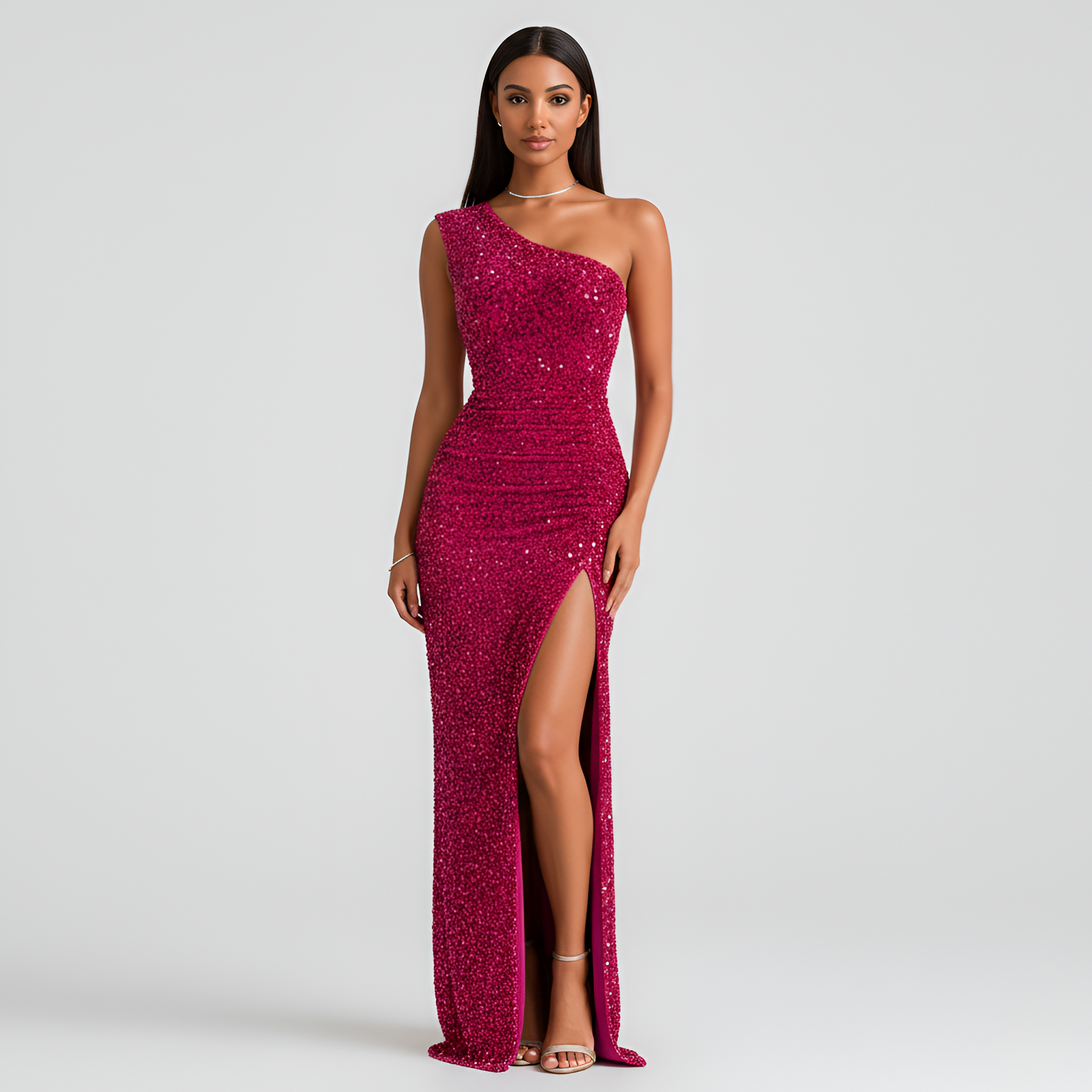 Women's One-Shoulder Maxi Dress - Sequin Style with High Slit