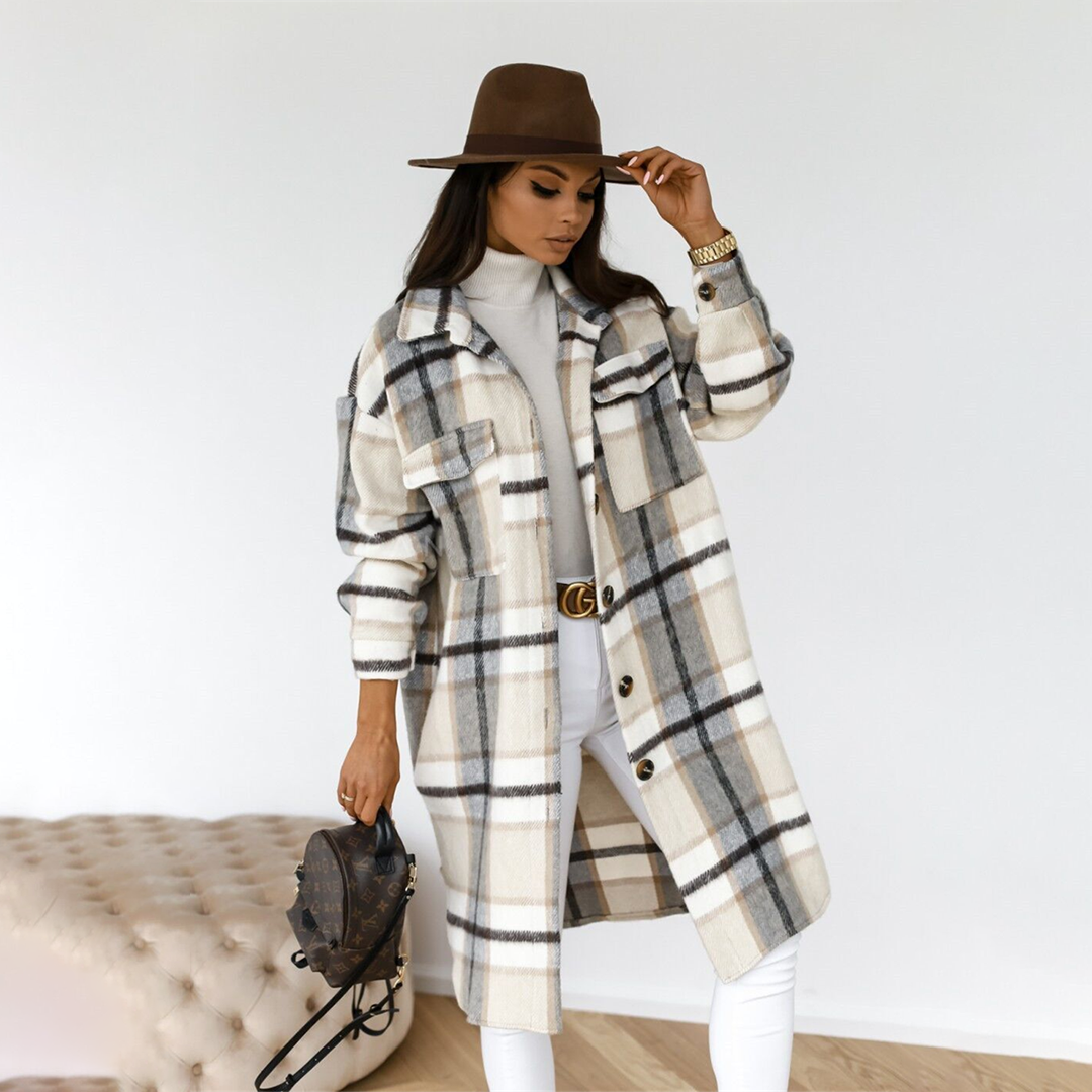 Damen Oversized Karierter Mantel - Entspannte Passform & Knopfleiste