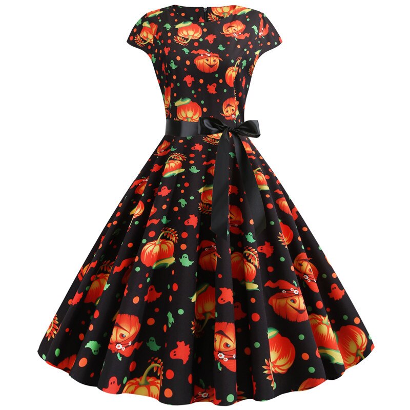 Women's Pumpkin & Ghost Print Midi Dress - Cap Sleeve Halloween Costume
