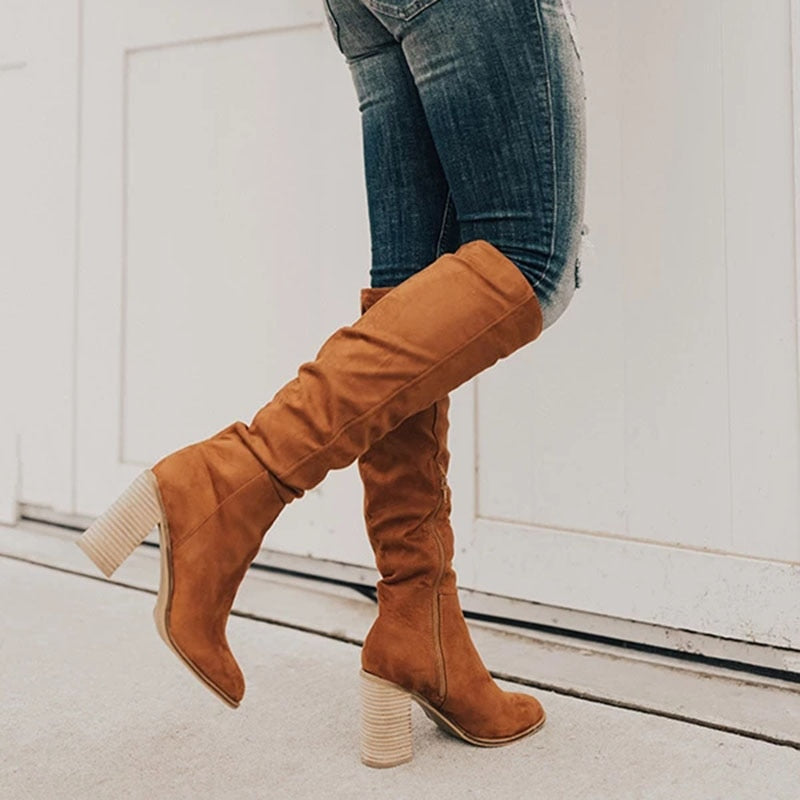 Women's Knee-High Slouch Boots - With Block Heel