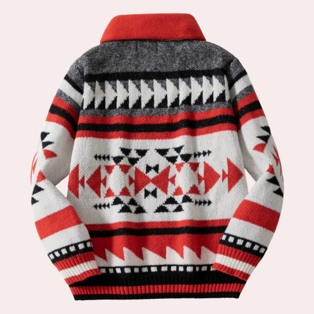 Herren-Strick-Cardigan aus Wolle in Rot - Ethnisches Tribal-Muster