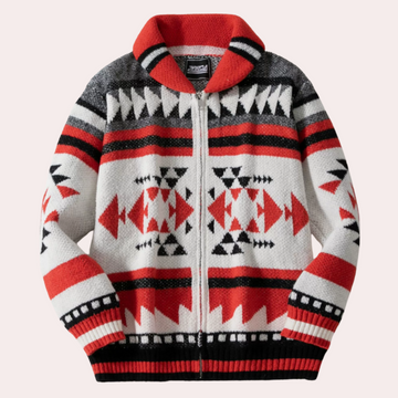 Herren-Strick-Cardigan aus Wolle in Rot - Ethnisches Tribal-Muster