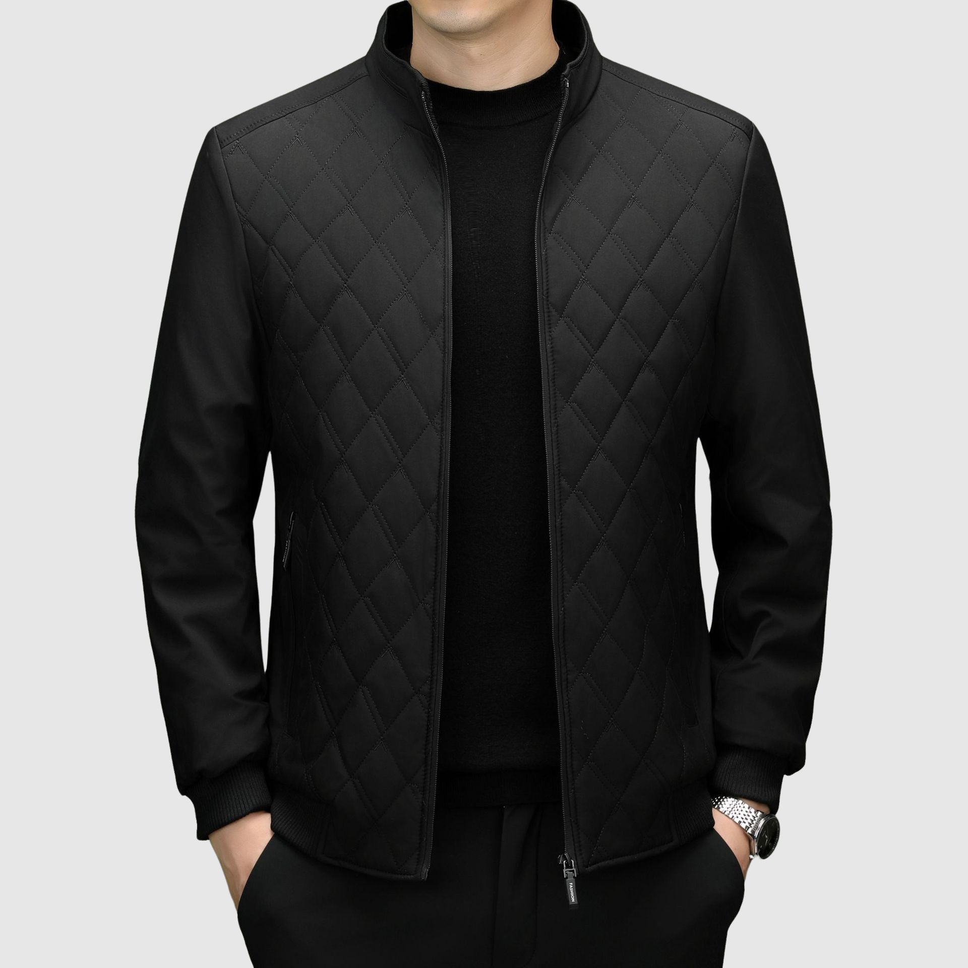 Men's Zipper Bomber Jacket - Diamond Quilted with Stand-up Collar