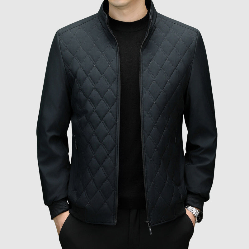 Men's Zipper Bomber Jacket - Diamond Quilted with Stand-up Collar