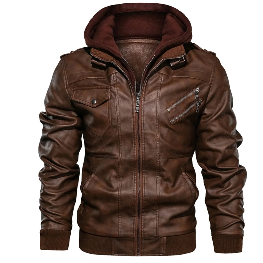 Chaqueta para hombre estilo moto con capucha - cremallera con cuello alto