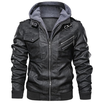 Men's jacket in moto style with hood - zipper with high collar
