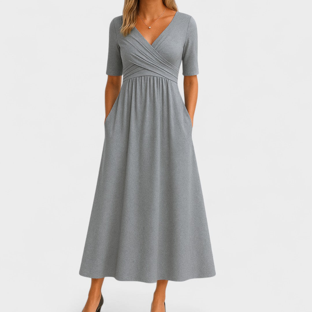 Women's A-line Midi Wedding Guest Dress with V-neck and Short Sleeves