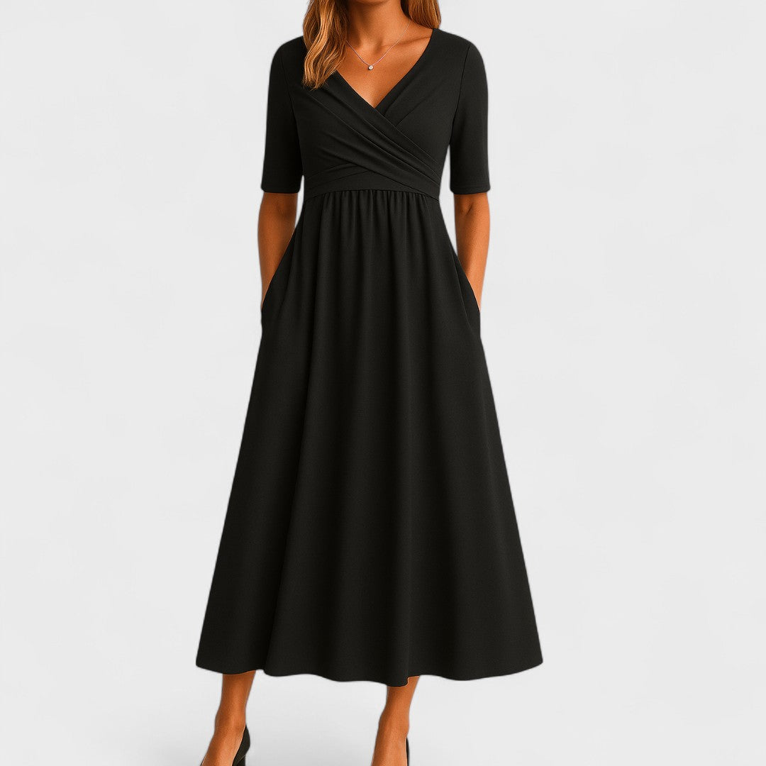 Women's A-line Midi Wedding Guest Dress with V-neck and Short Sleeves