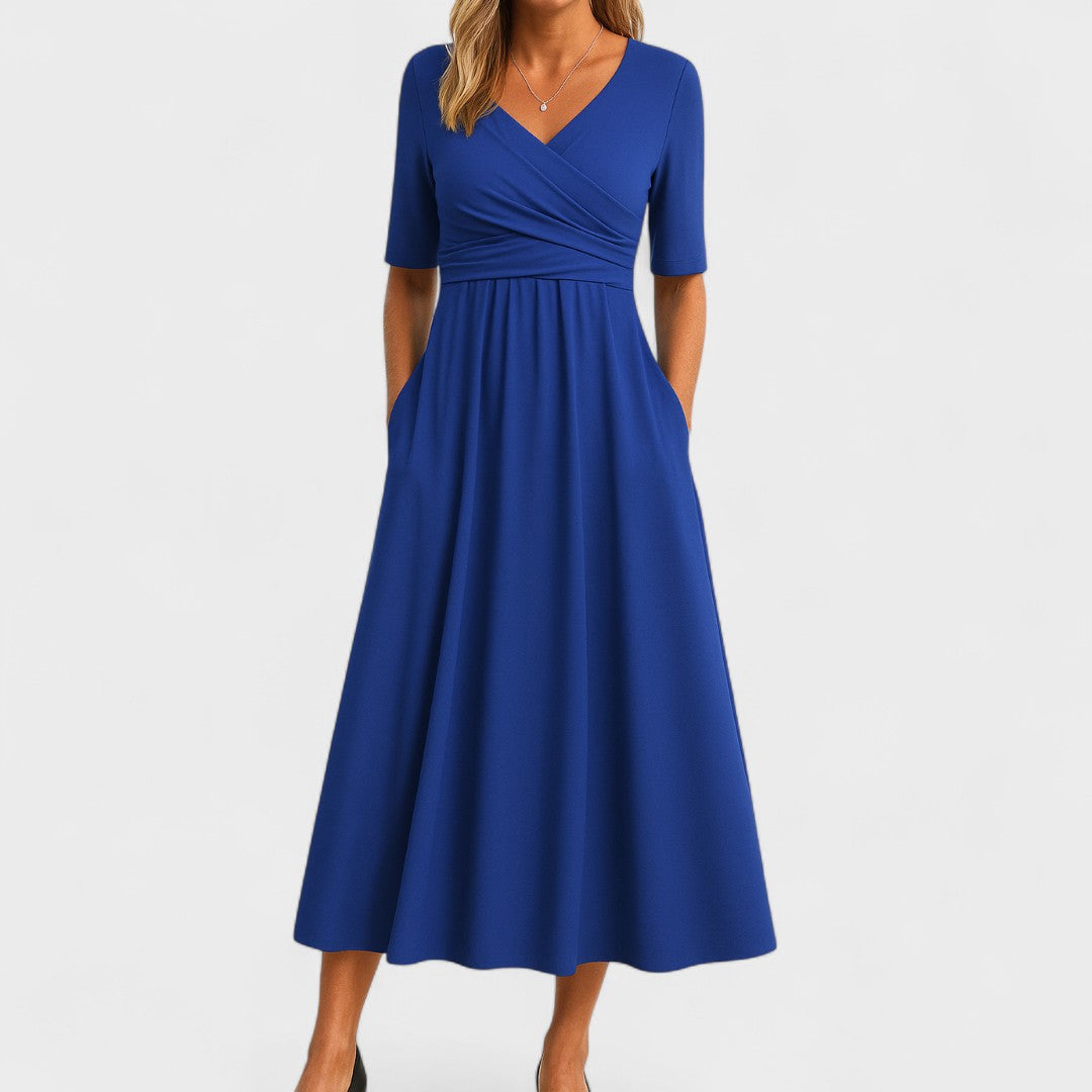 Women's A-line Midi Wedding Guest Dress with V-neck and Short Sleeves
