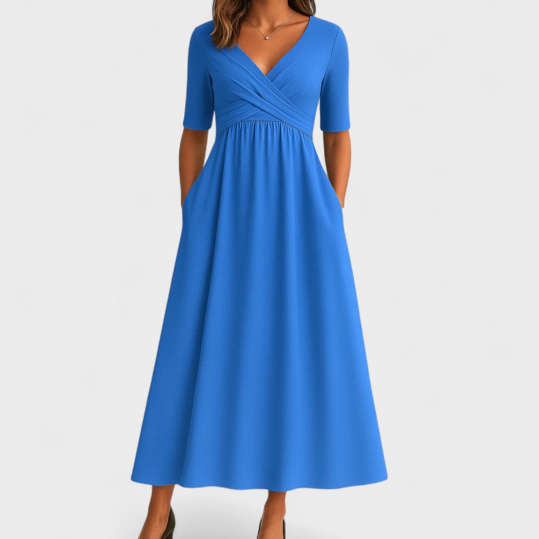 Women's A-line Midi Wedding Guest Dress with V-neck and Short Sleeves