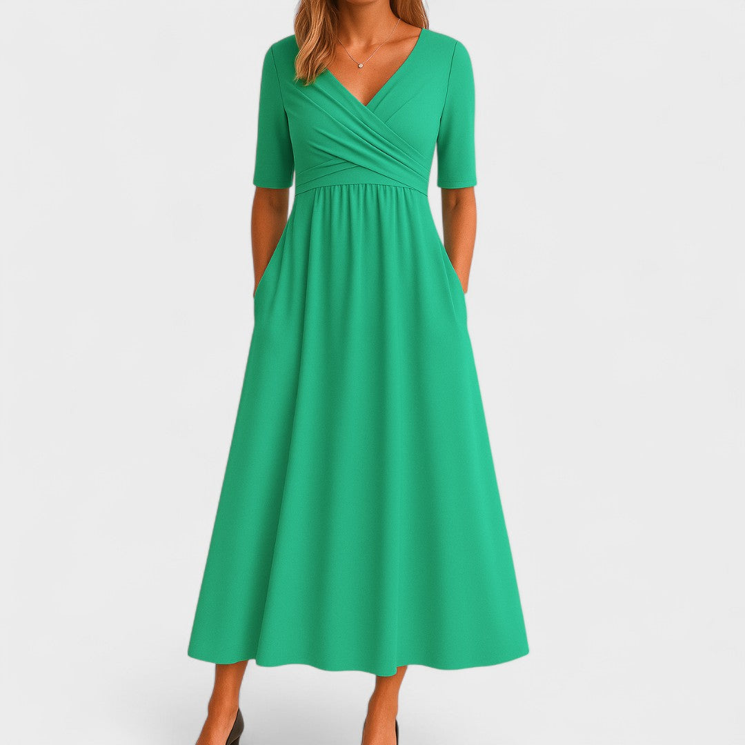 Women's A-line Midi Wedding Guest Dress with V-neck and Short Sleeves