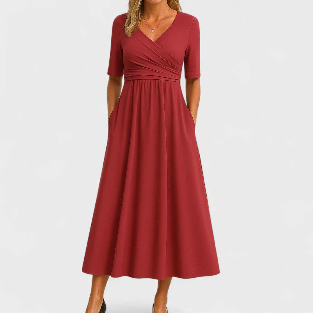 Women's A-line Midi Wedding Guest Dress with V-neck and Short Sleeves