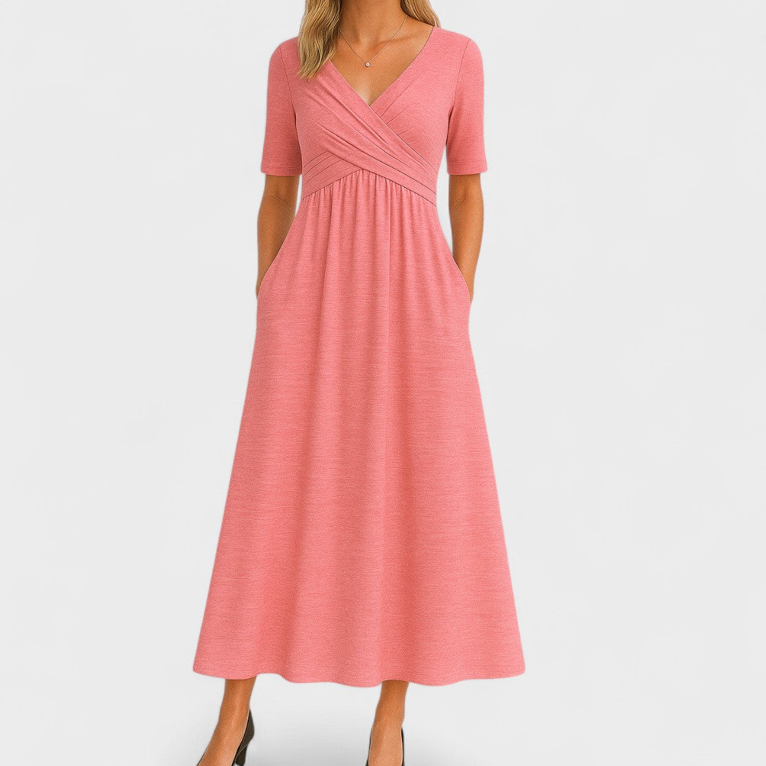 Women's A-line Midi Wedding Guest Dress with V-neck and Short Sleeves