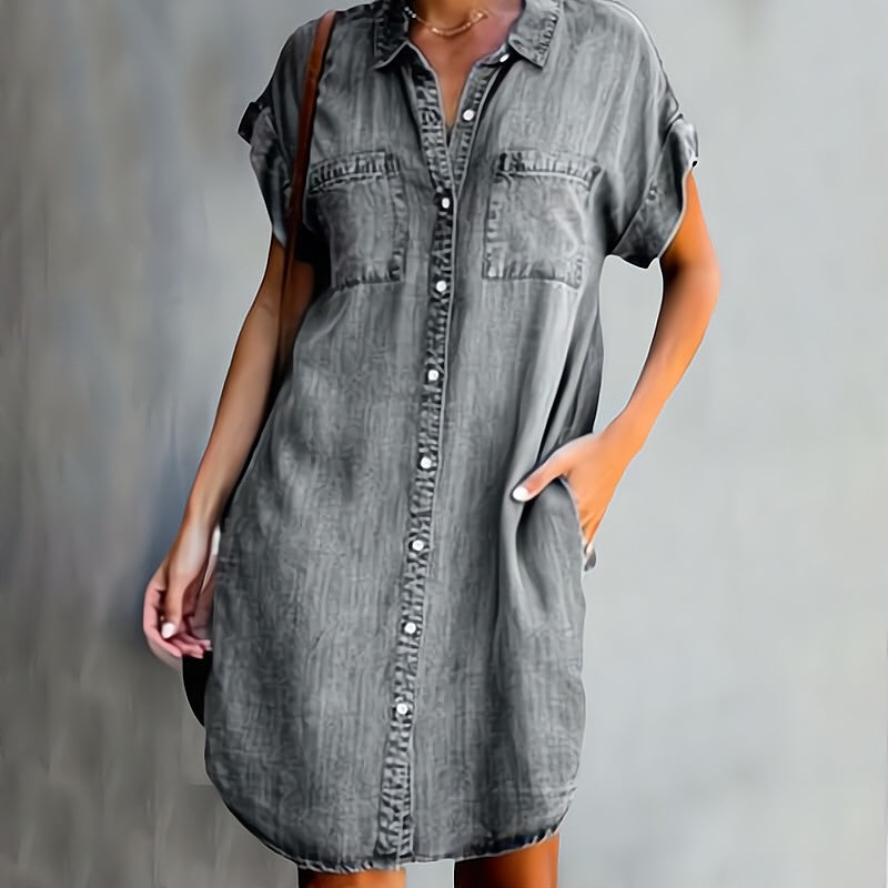 Women's Denim Mini Dress - Button Placket with Short Sleeves