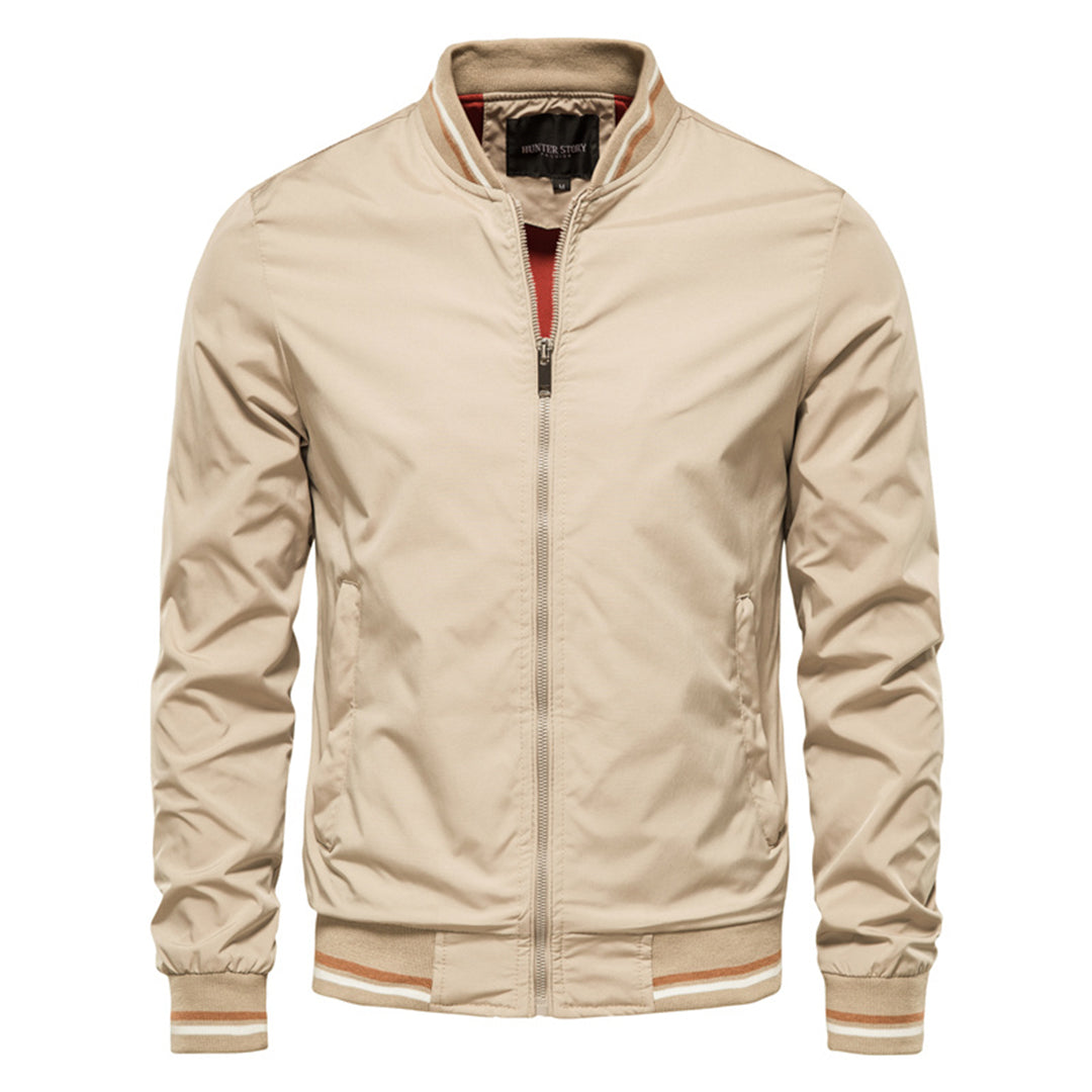 Men's Zipper Bomber Jacket - Striped Cuffs & Hem