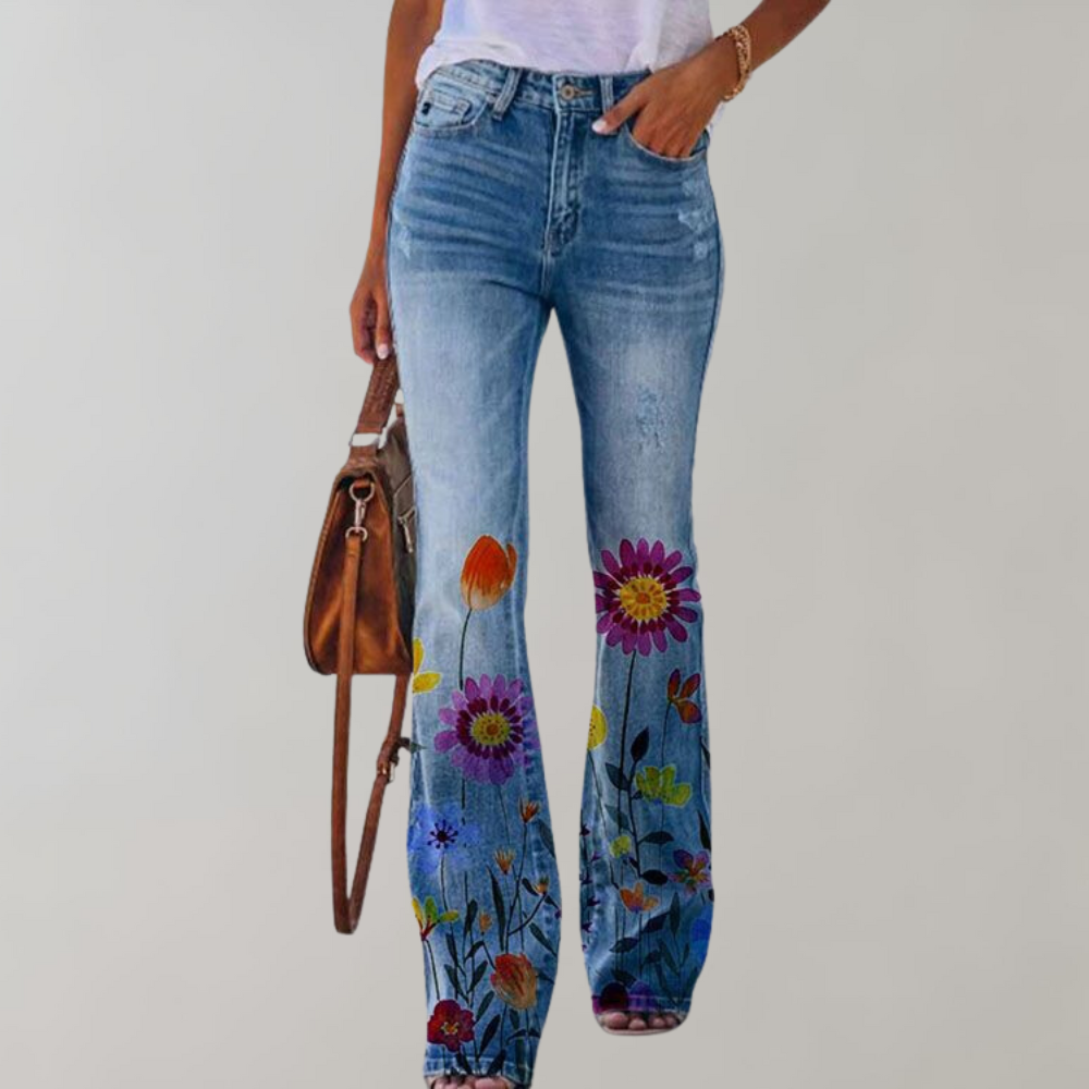 Damen Geblümte Schlagjeans - High-Waisted & Entspannte Passform