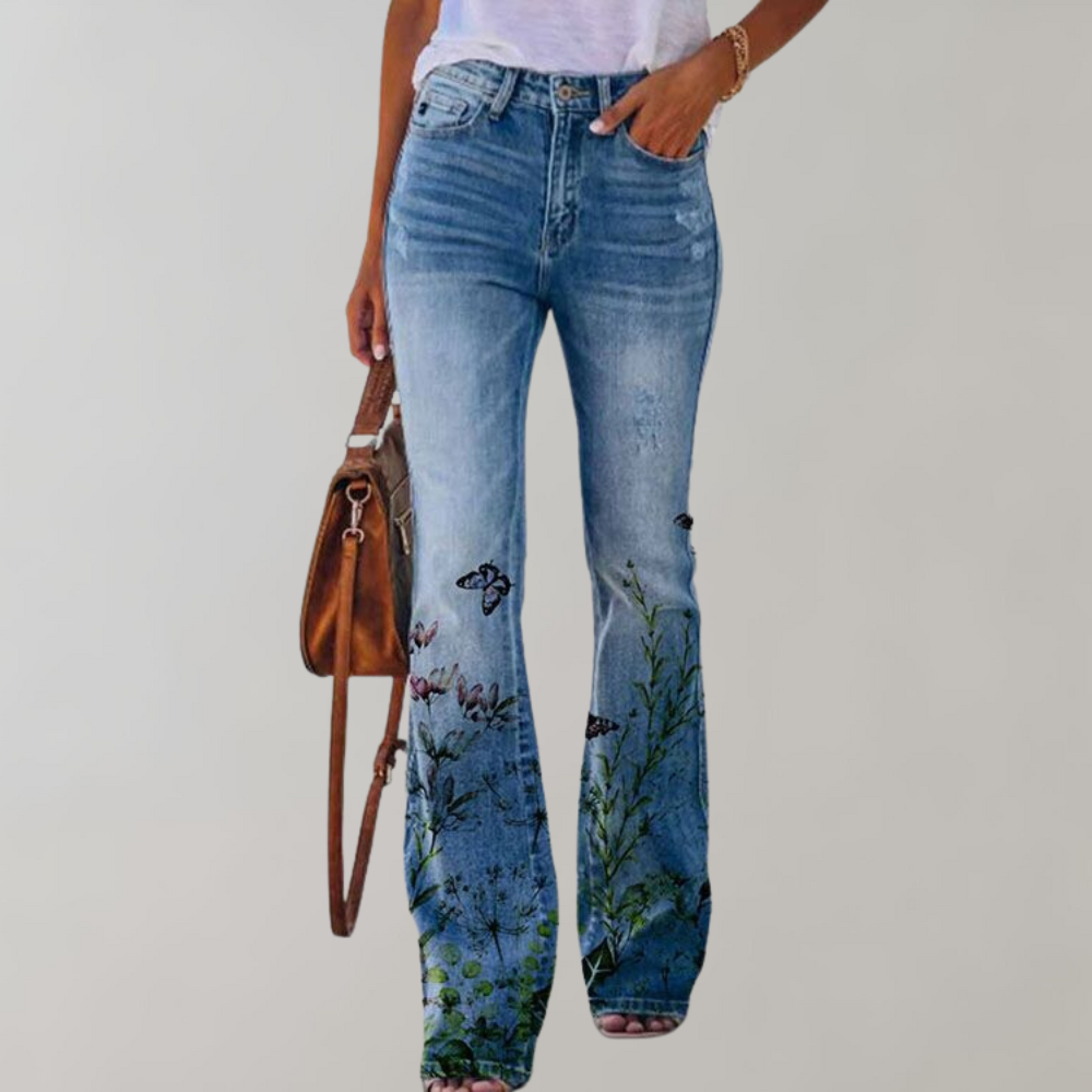 Damen Geblümte Schlagjeans - High-Waisted & Entspannte Passform