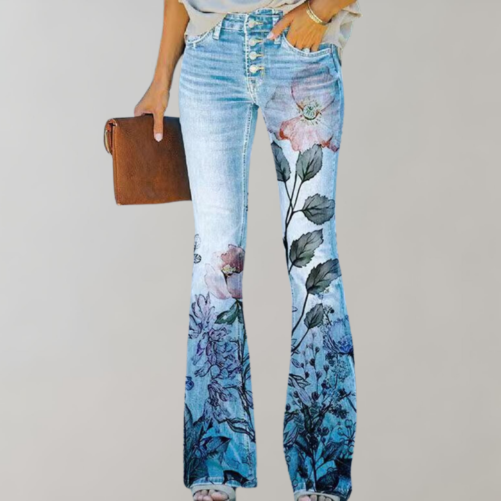 Women's Floral Flared Jeans - High-Waisted & Relaxed Fit