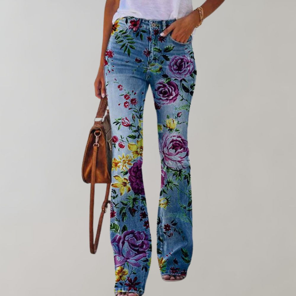 Women's Floral Flared Jeans - High-Waisted & Relaxed Fit