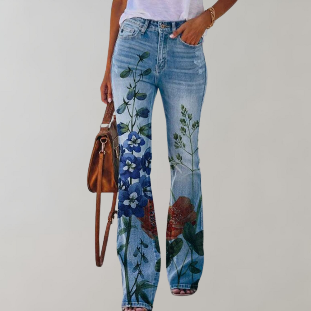 Women's Floral Flared Jeans - High-Waisted & Relaxed Fit