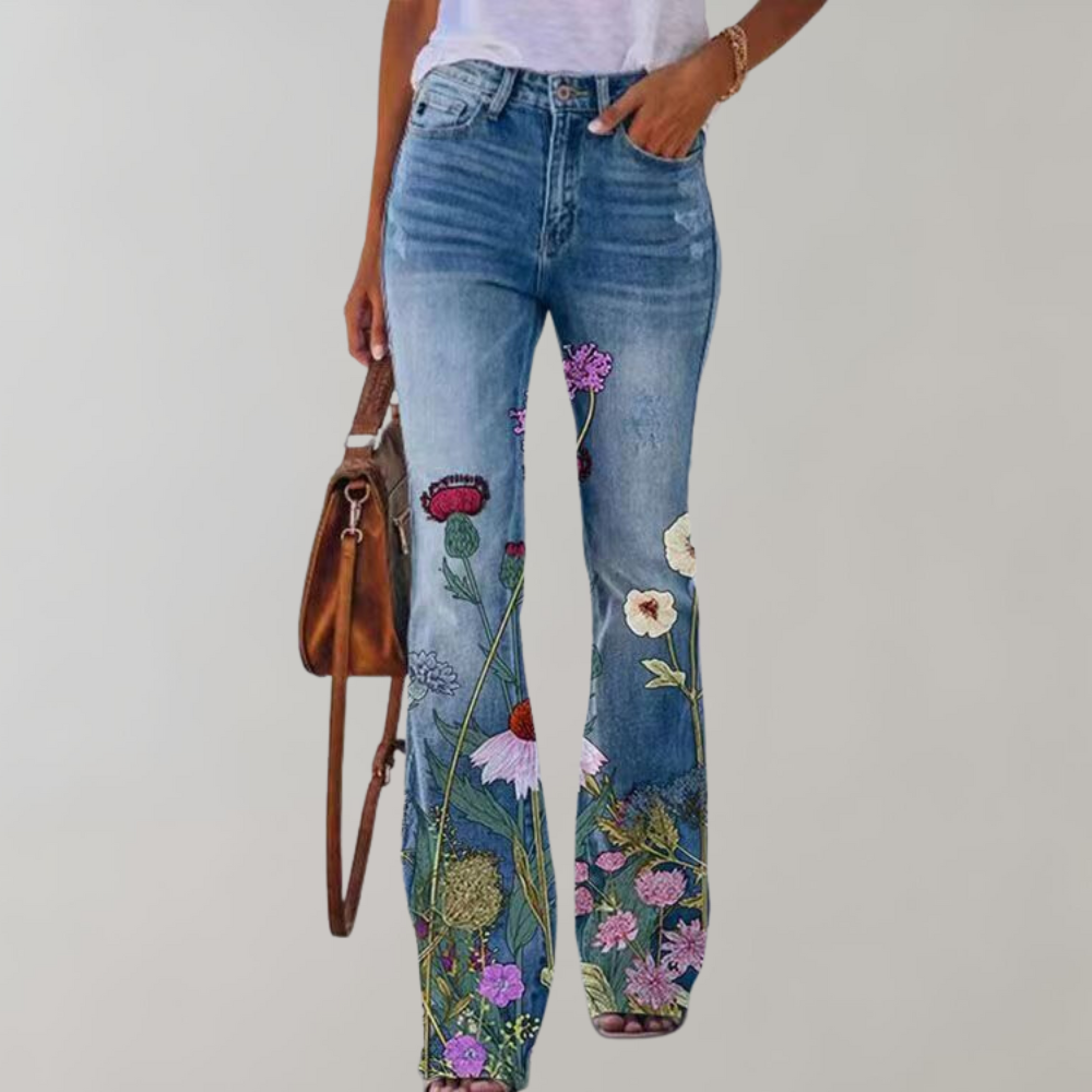 Women's Floral Flared Jeans - High-Waisted & Relaxed Fit