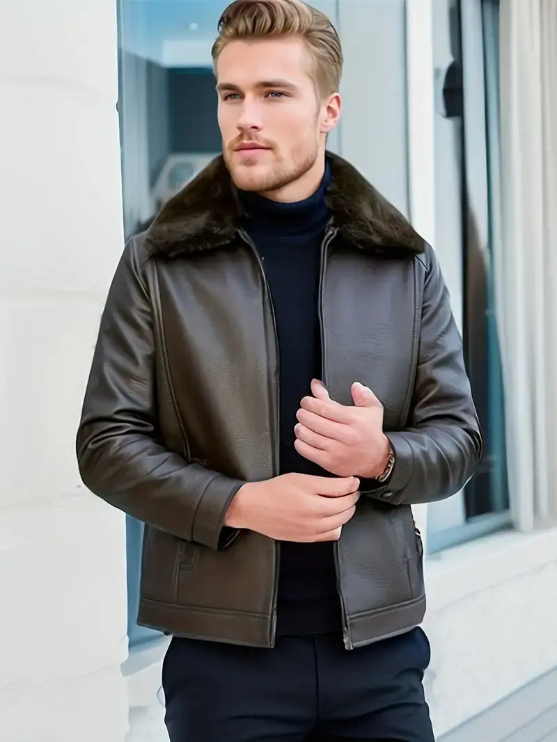 Men's Brown Moto-Style Jacket - Warm Collar