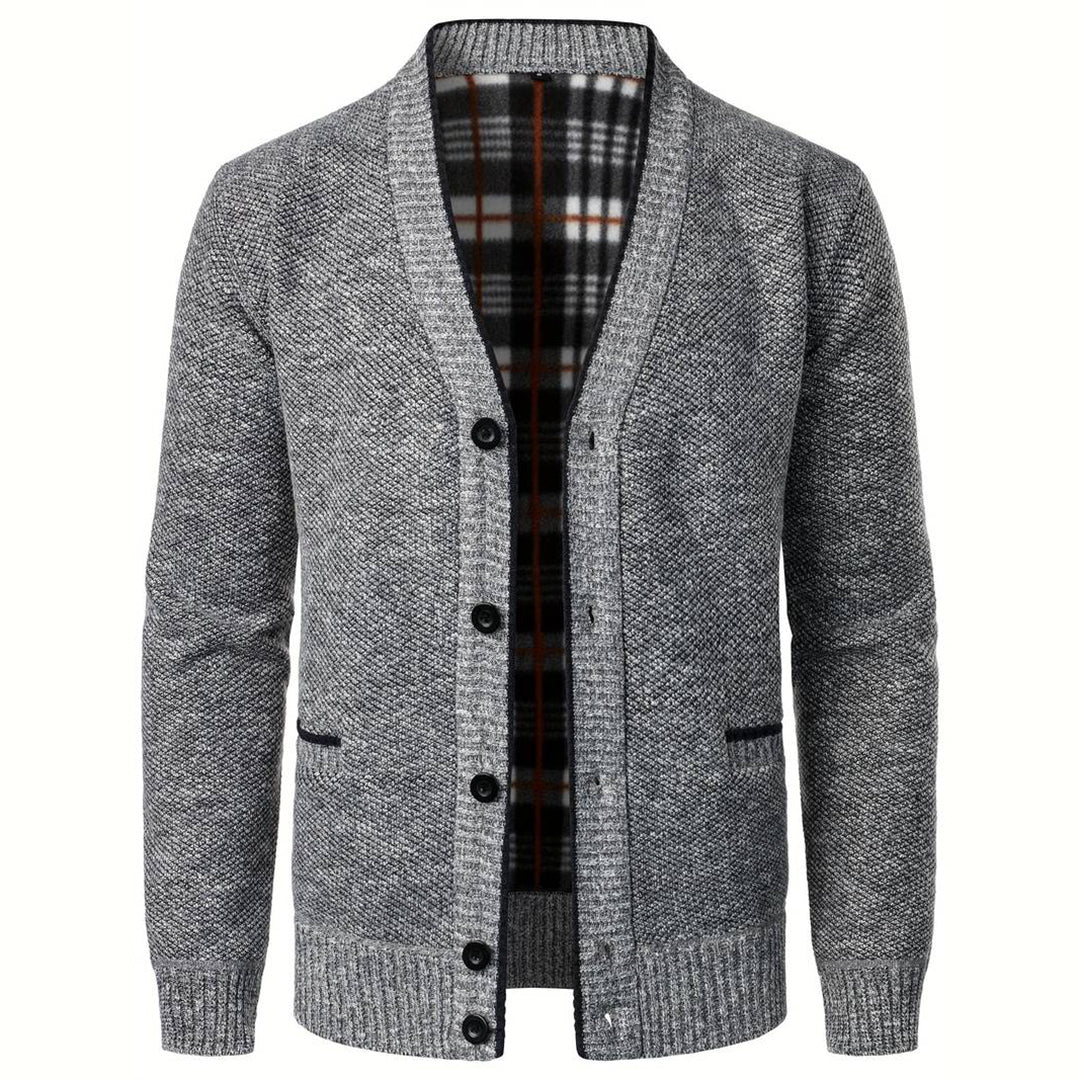 Herren Hellgraue Button-Up Strickjacke - Warmes Plaid-Futter