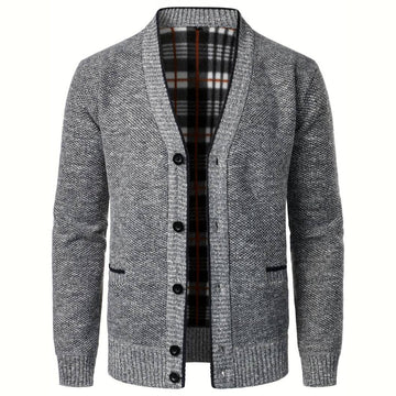 Herren Hellgraue Button-Up Strickjacke - Warmes Plaid-Futter