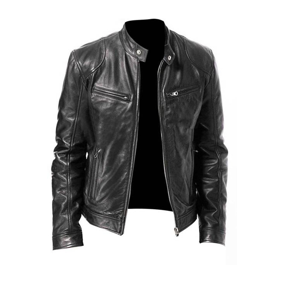 Chaqueta para hombre estilo moto - Cuello alto y bolsillos con cremallera