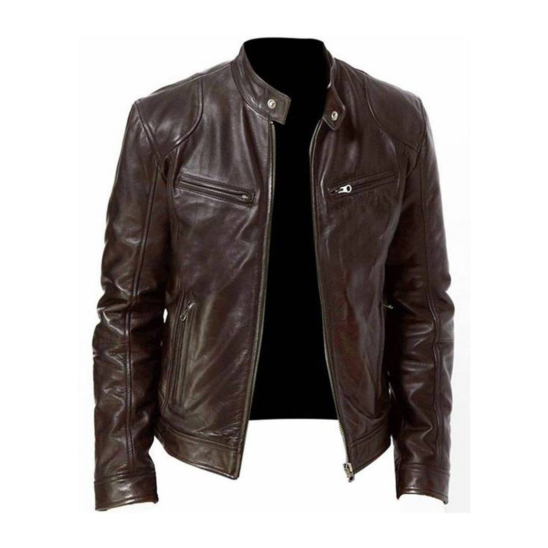 Chaqueta para hombre estilo moto - Cuello alto y bolsillos con cremallera