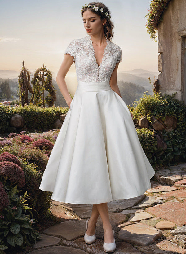 Damen Weißes Midi Hochzeitskleid - Spitze Oberteil mit V-Ausschnitt