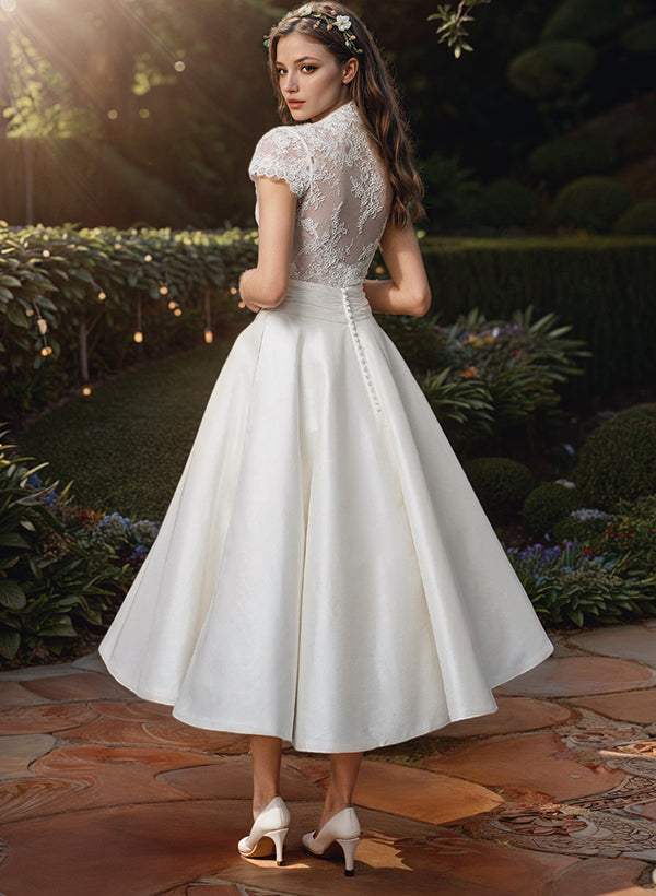 Damen Weißes Midi Hochzeitskleid - Spitze Oberteil mit V-Ausschnitt
