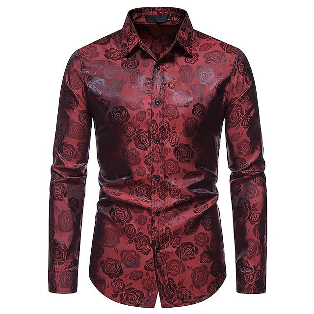 Men’s Slim Fit Shirt – Long Sleeve with Rose Pattern