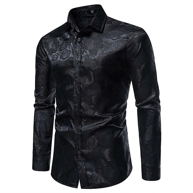 Men’s Slim Fit Shirt – Long Sleeve with Rose Pattern