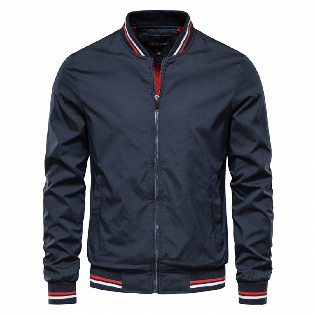 Men's Zipper Bomber Jacket - Striped Cuffs & Hem