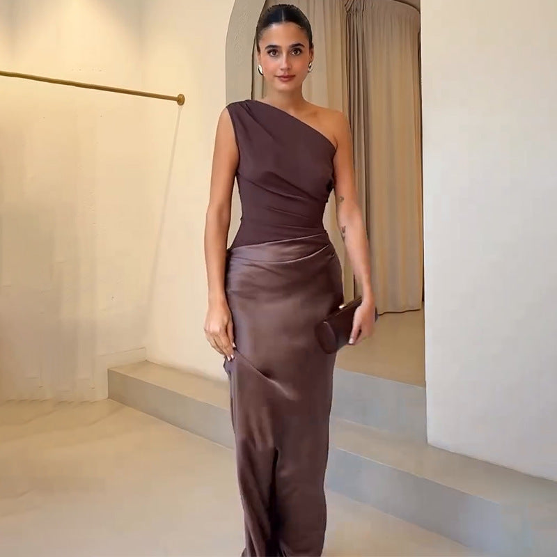 Women's One-Shoulder Maxi Dress - Ruched Style & Slim Fit
