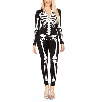 Dam Svart Skeletttryck Overall - Heltäckande Halloween Kostym